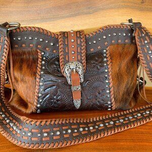 American West Dark Brown and Tan Leather Shoulder Bag